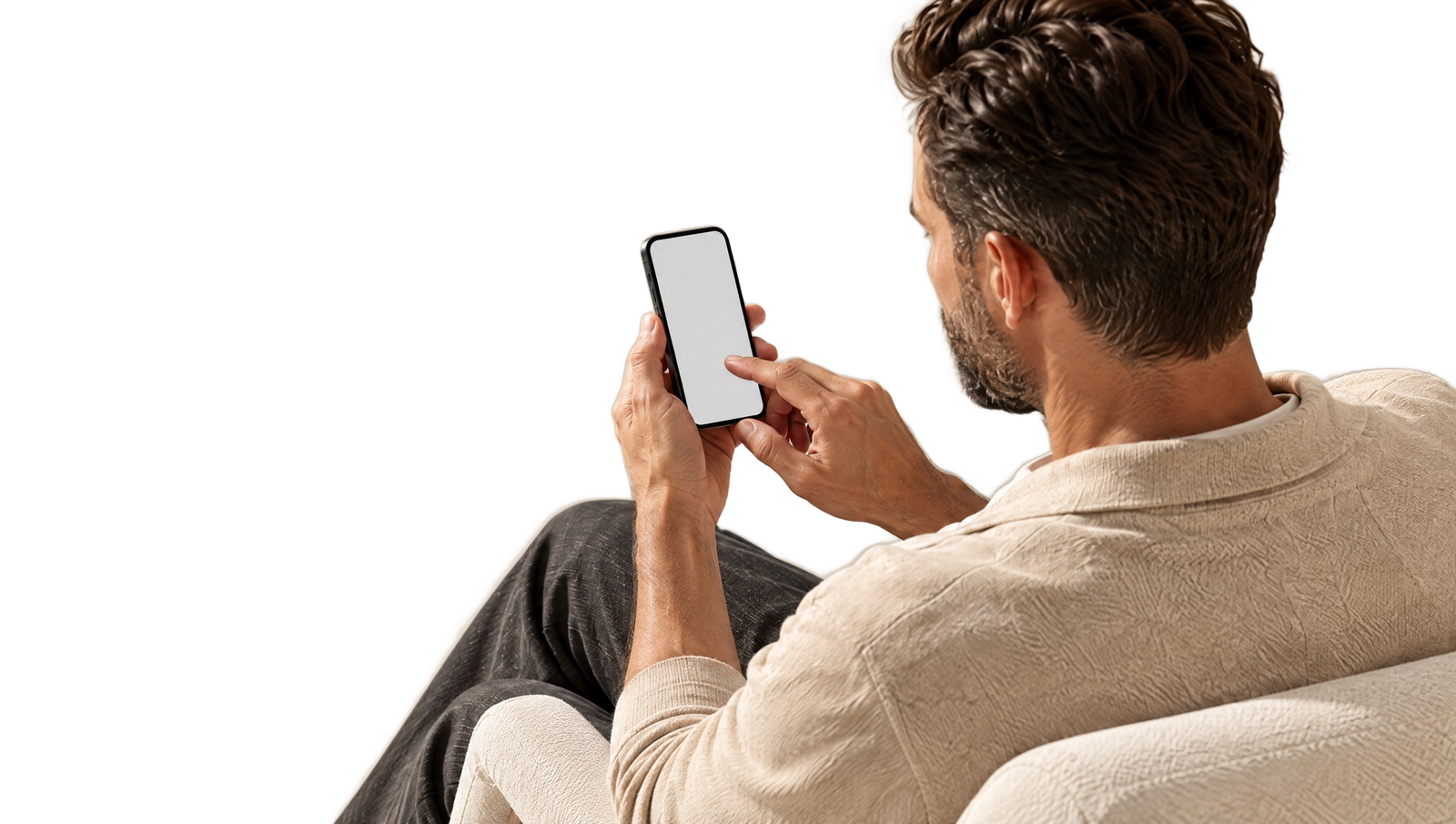Over-the-shoulder view of the customer tapping his phone