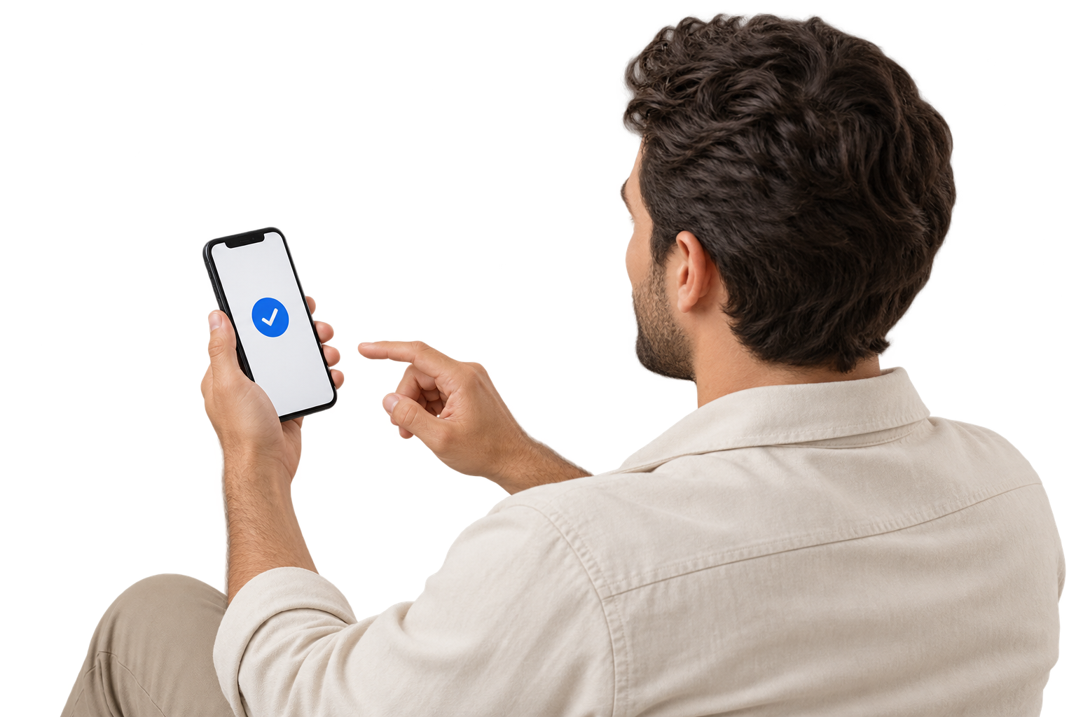 Customer in a cream shirt holding a phone with an order confirmation