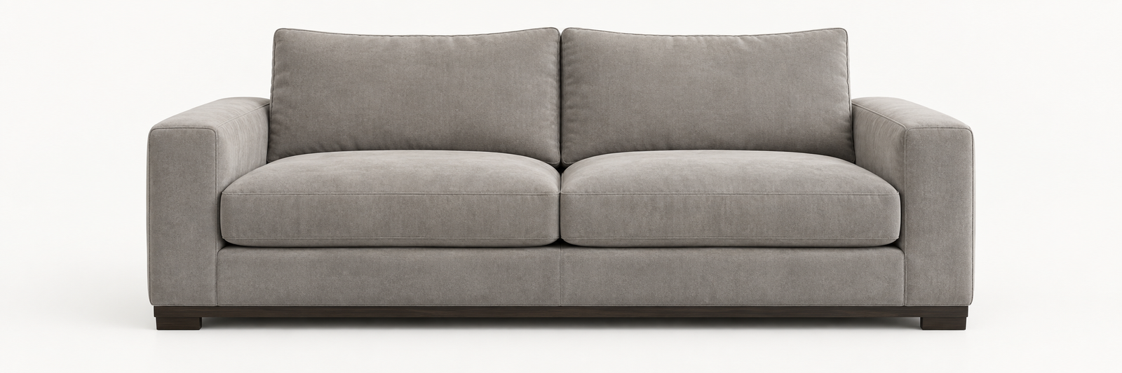 Warm-grey two-seat sofa with thick cushions and a dark wooden base